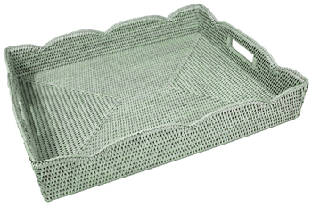 Caspari Green Tray Scalloped Rattan